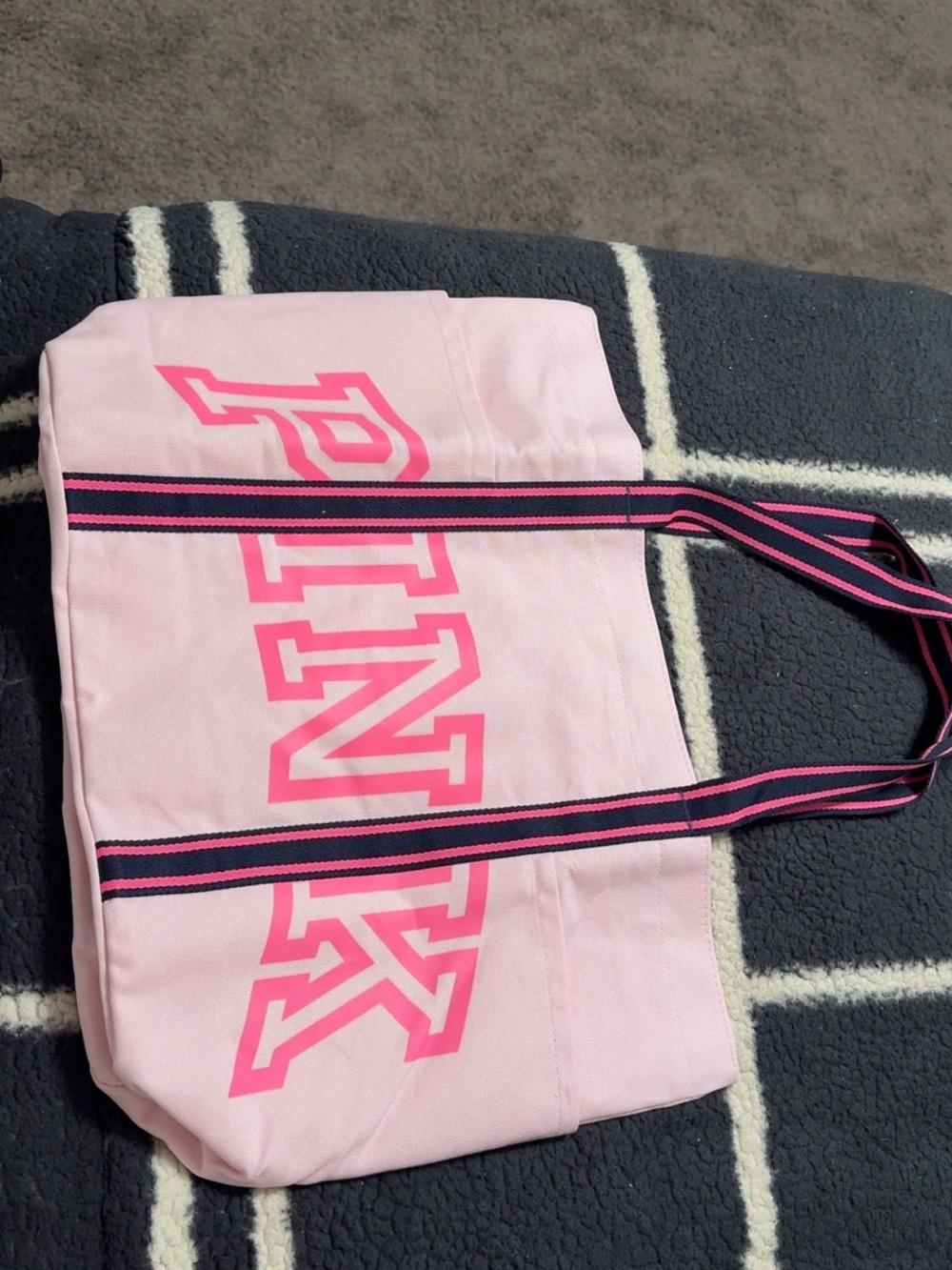 PINK Victoria's Secret Canvas Tote Bag with Logo and Striped Handles